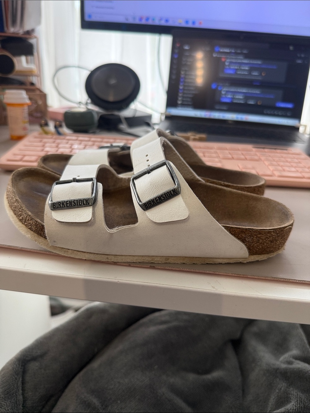 Birkenstock White Arizona Two-Strap Sandals with Silver Buckles